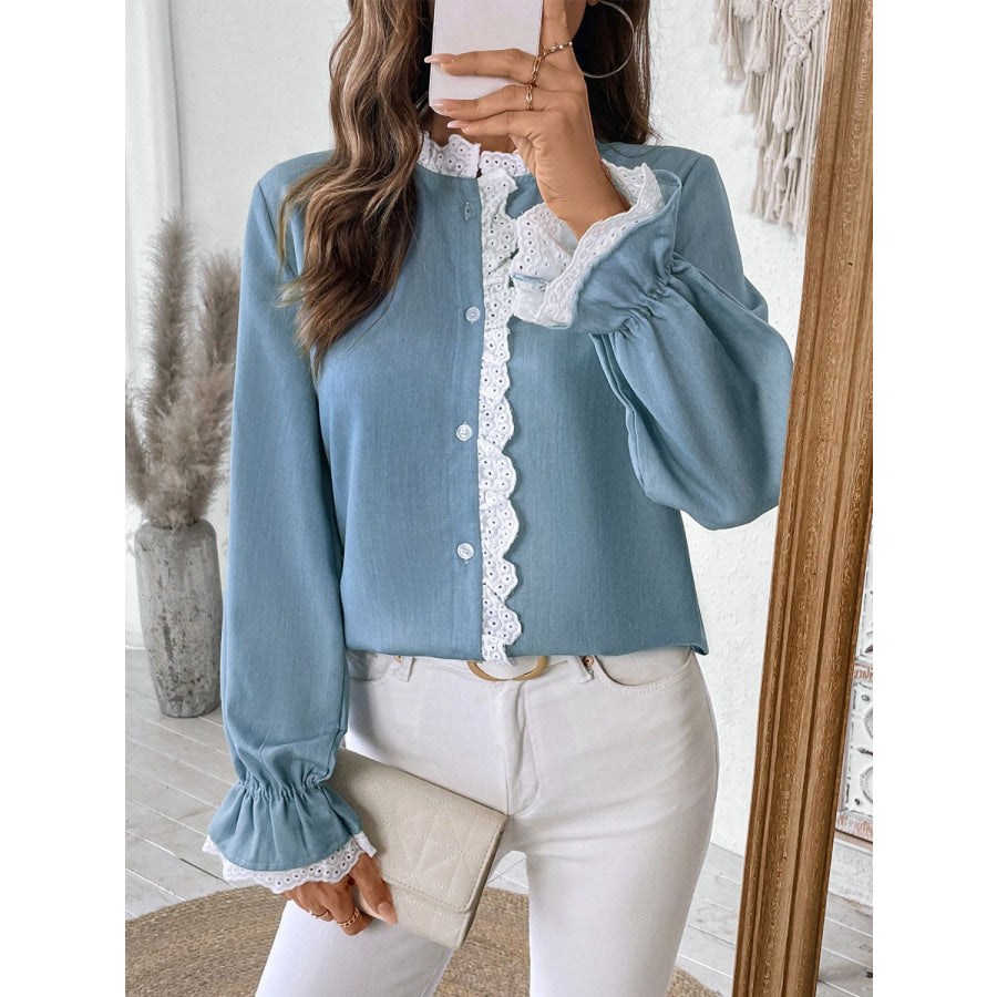 Perfee Lace Detail Button Down Long Sleeve Shirt Apparel and Accessories