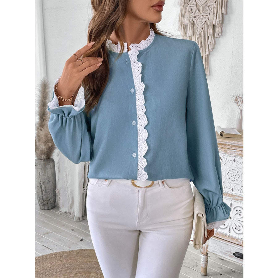 Perfee Lace Detail Button Down Long Sleeve Shirt Apparel and Accessories