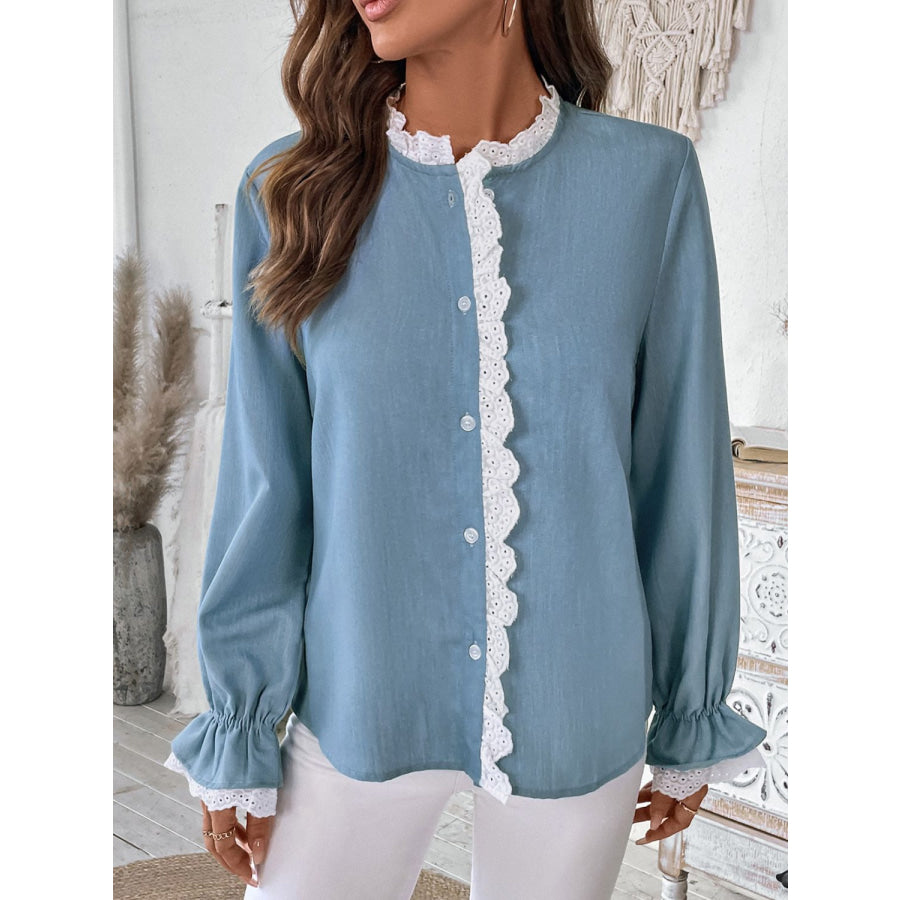 Perfee Lace Detail Button Down Long Sleeve Shirt Apparel and Accessories