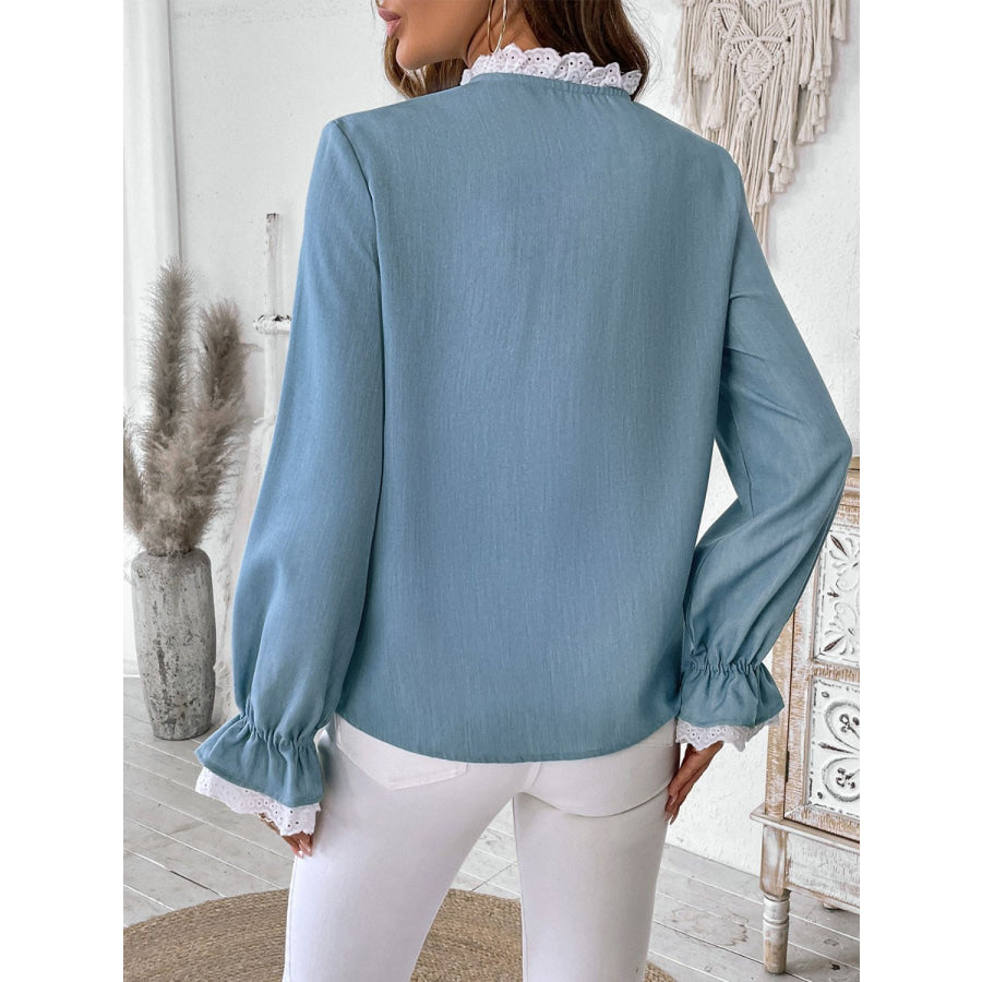 Perfee Lace Detail Button Down Long Sleeve Shirt Light Blue / S Apparel and Accessories