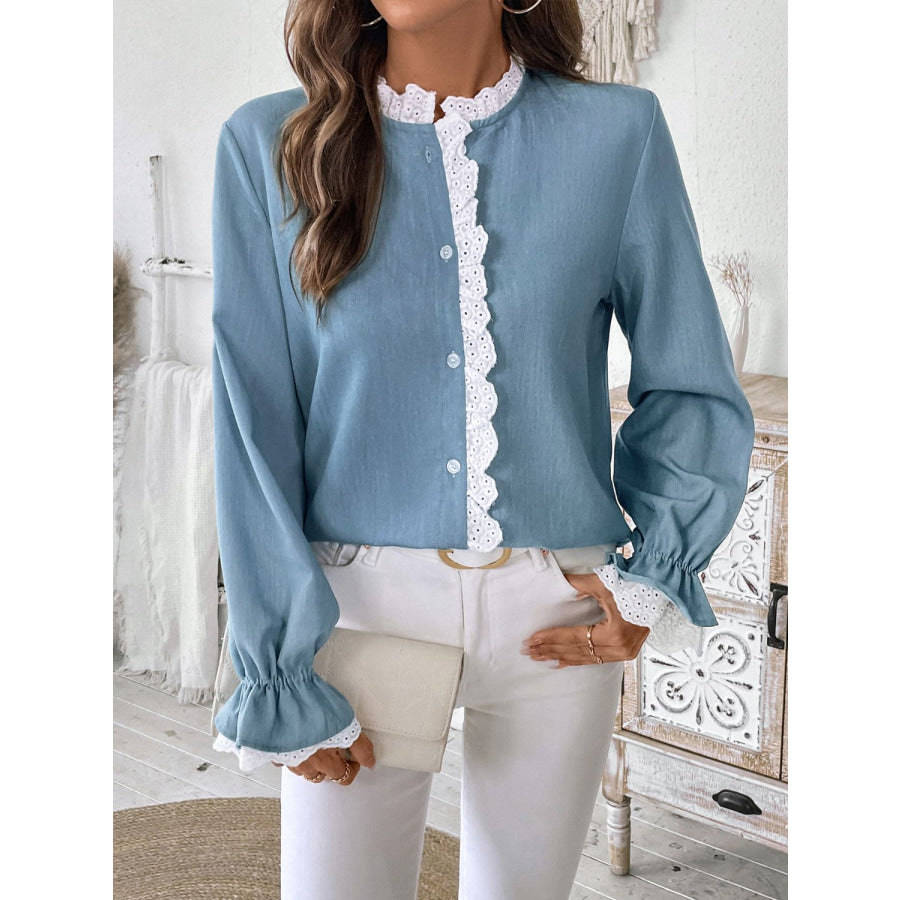 Perfee Lace Detail Button Down Long Sleeve Shirt Light Blue / S Apparel and Accessories