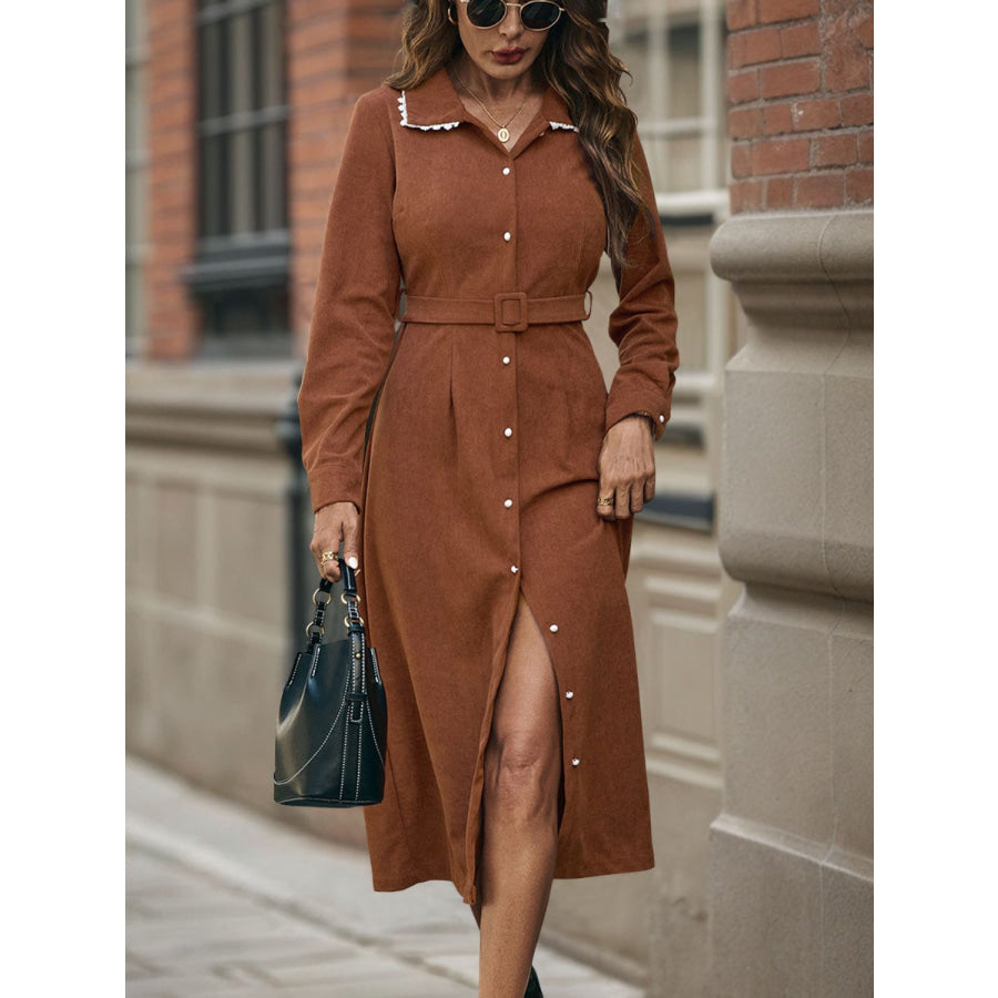 Perfee Lace Detail Collared Neck Long Sleeve Midi Dress Apparel and Accessories