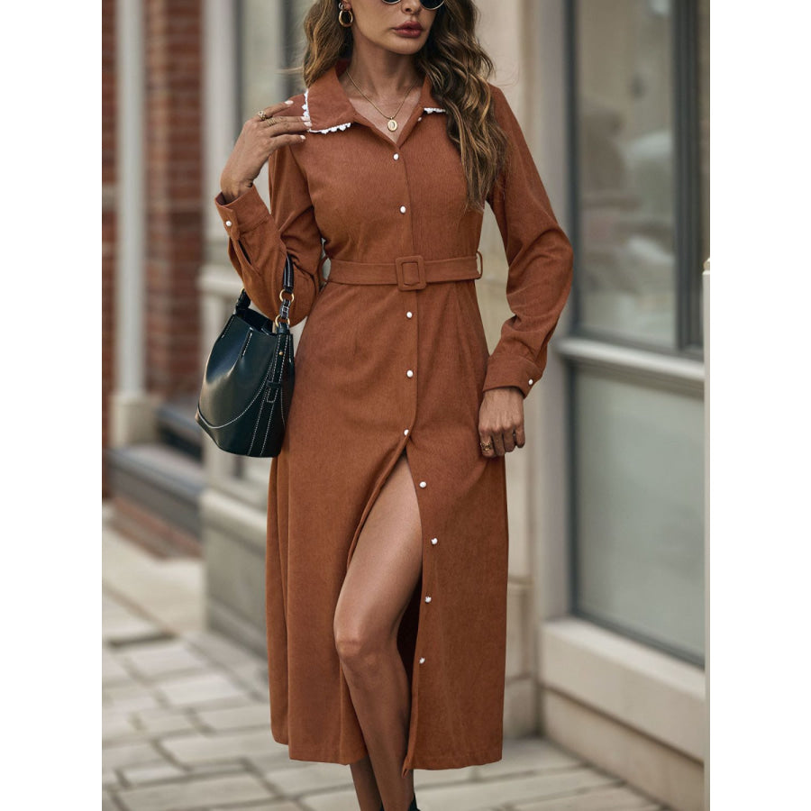 Perfee Lace Detail Collared Neck Long Sleeve Midi Dress Apparel and Accessories