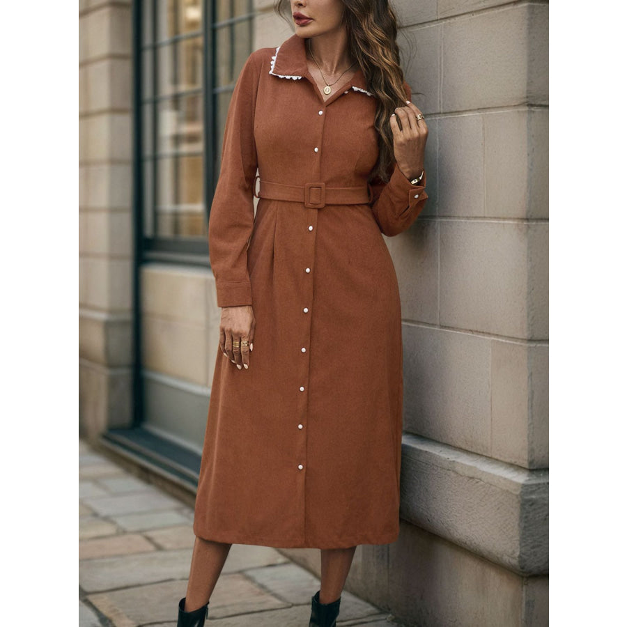 Perfee Lace Detail Collared Neck Long Sleeve Midi Dress Apparel and Accessories