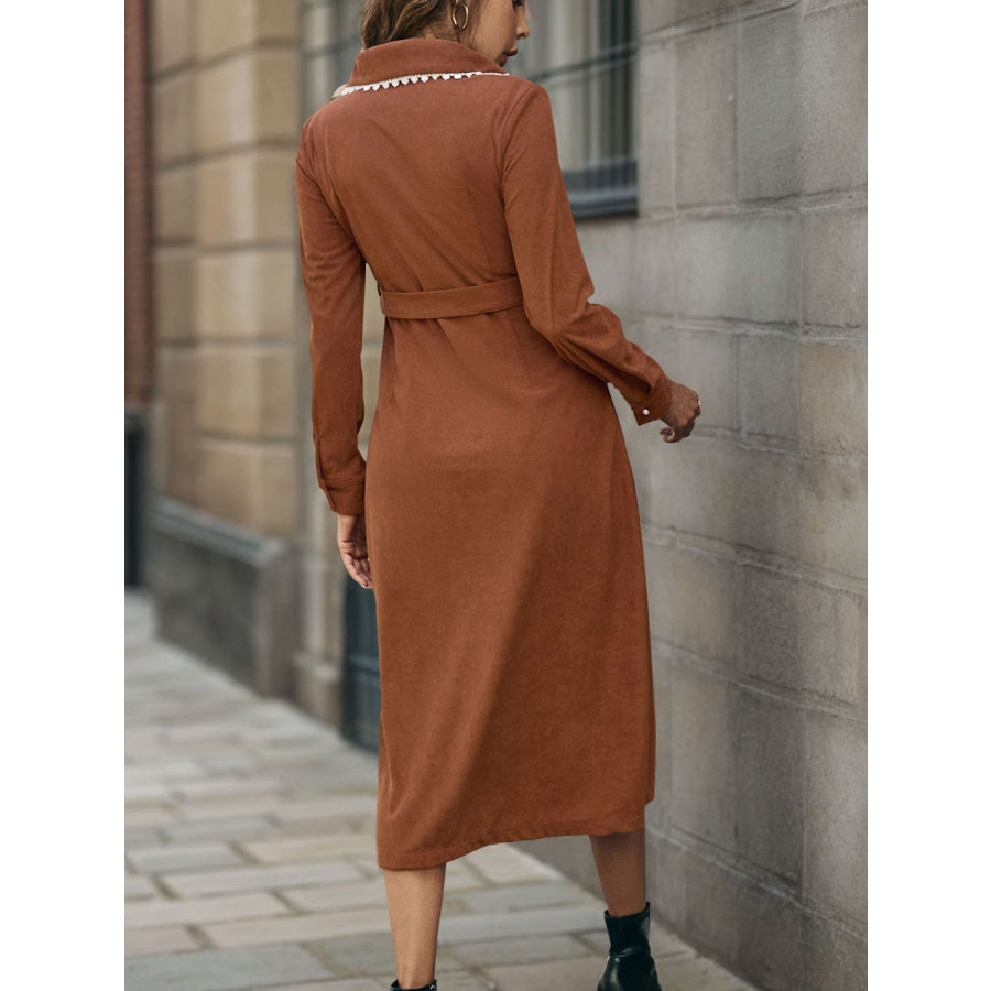 Perfee Lace Detail Collared Neck Long Sleeve Midi Dress Caramel / S Apparel and Accessories