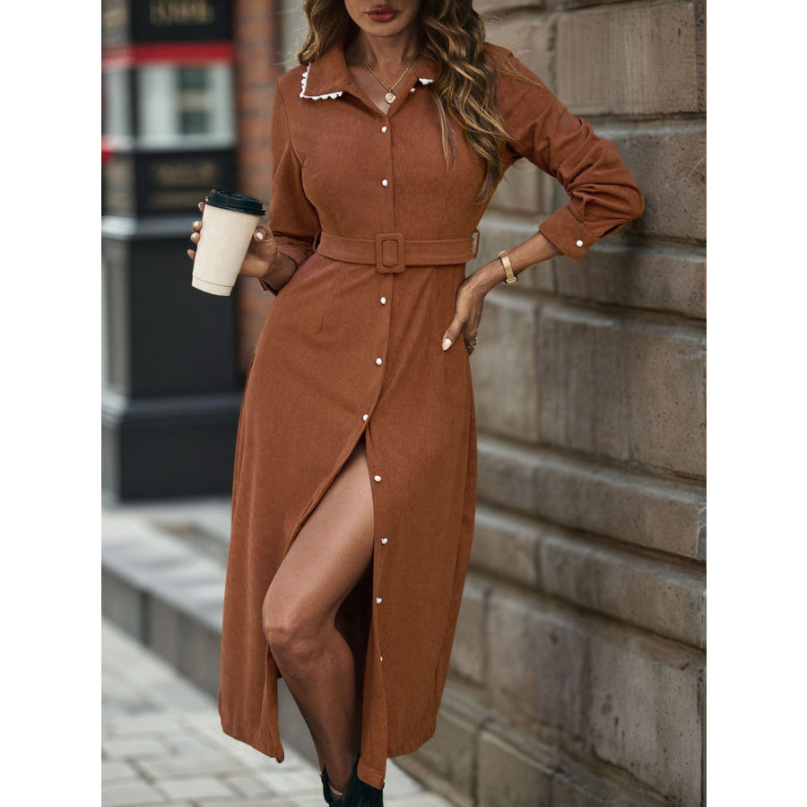 Perfee Lace Detail Collared Neck Long Sleeve Midi Dress Apparel and Accessories