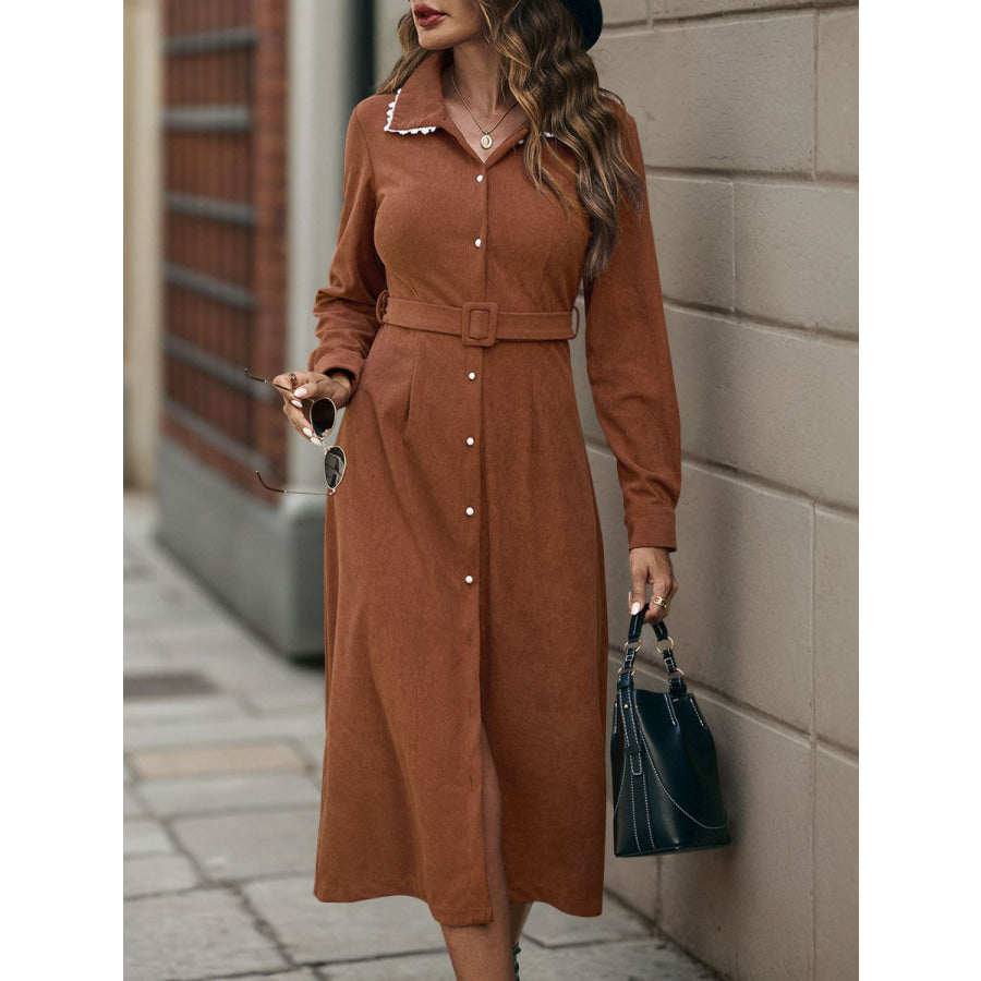 Perfee Lace Detail Collared Neck Long Sleeve Midi Dress Caramel / S Apparel and Accessories