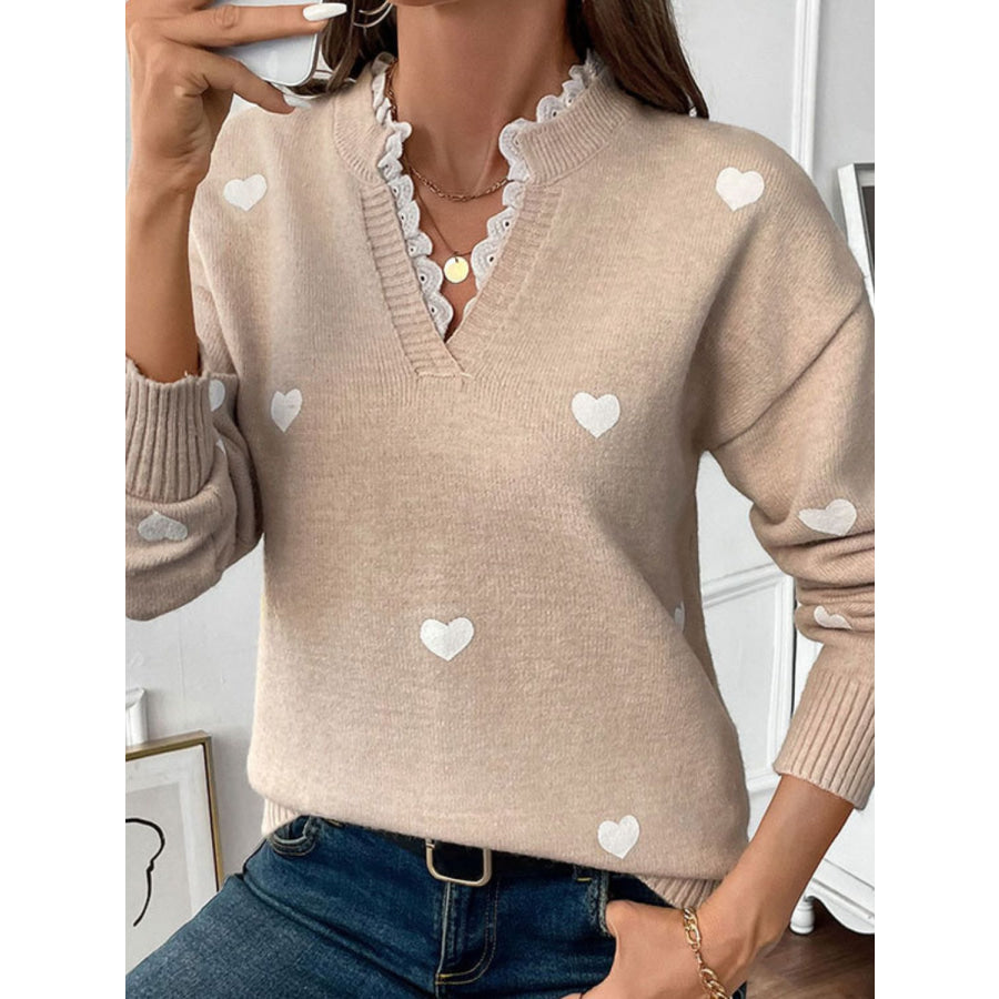 Perfee Lace Detail Notched Long Sleeve Sweater Apparel and Accessories