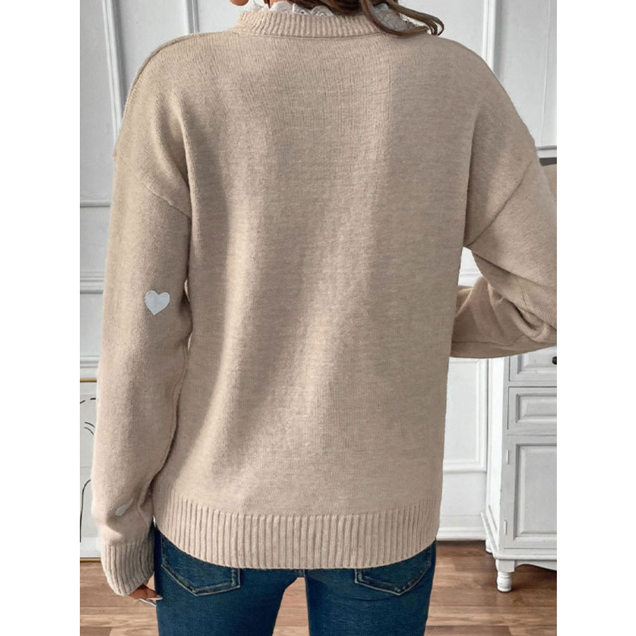 Perfee Lace Detail Notched Long Sleeve Sweater Tan / S Apparel and Accessories