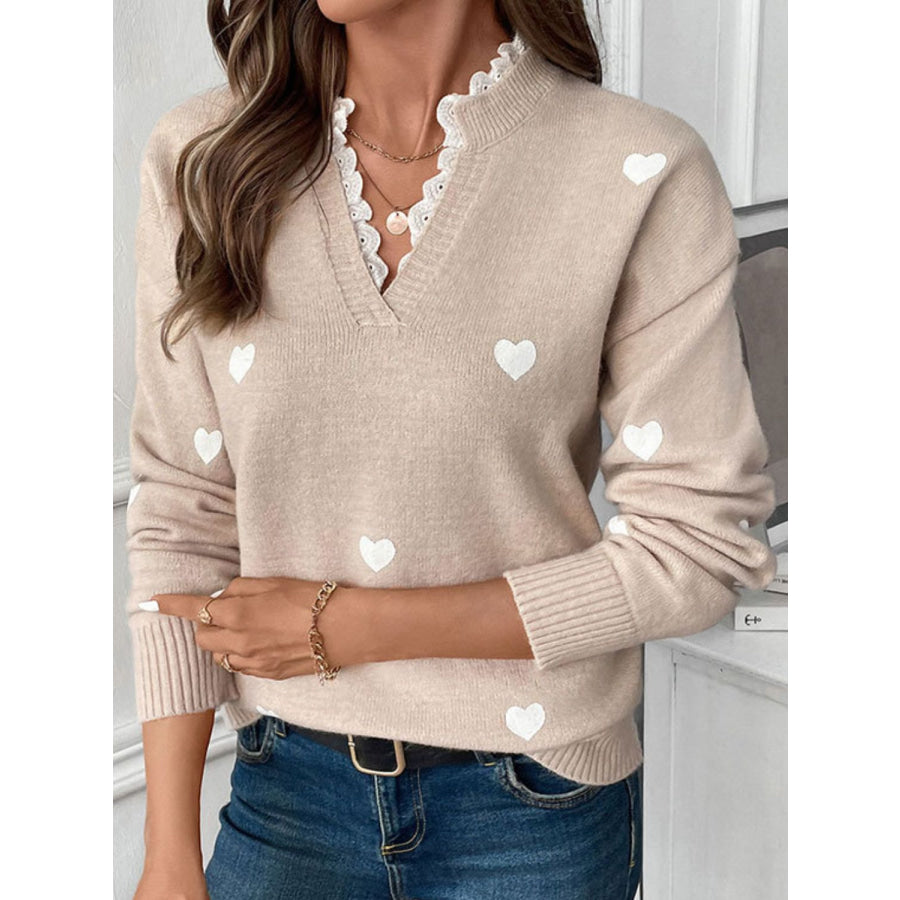 Perfee Lace Detail Notched Long Sleeve Sweater Apparel and Accessories