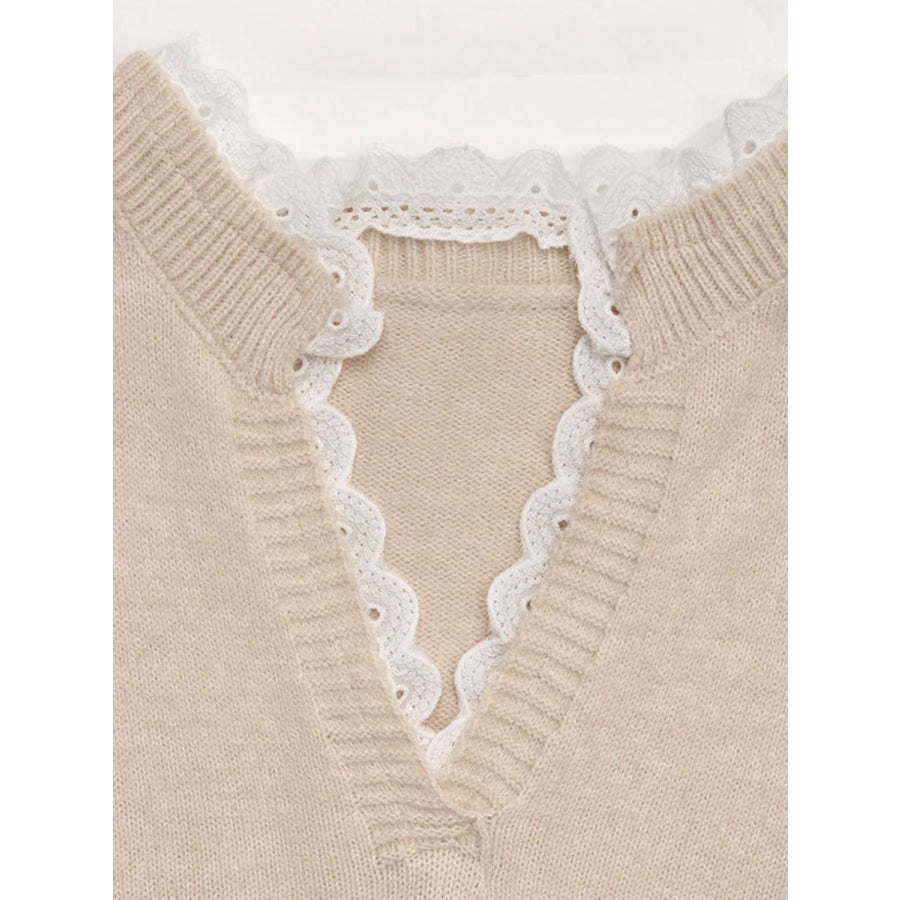 Perfee Lace Detail Notched Long Sleeve Sweater Apparel and Accessories