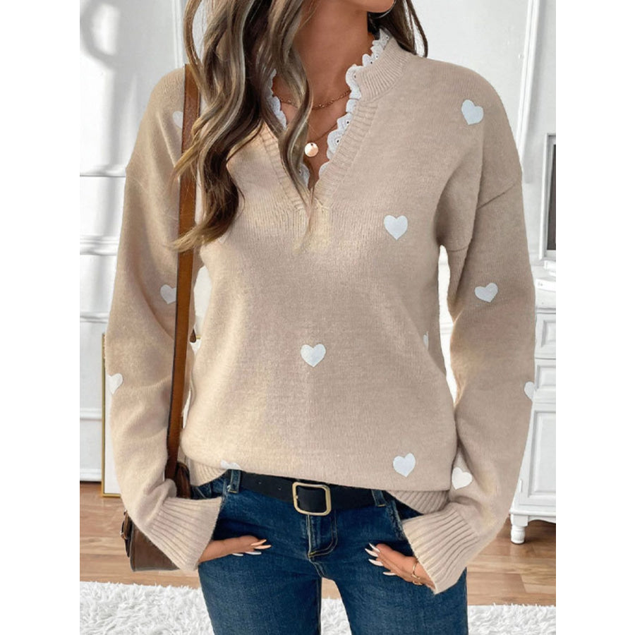 Perfee Lace Detail Notched Long Sleeve Sweater Tan / S Apparel and Accessories