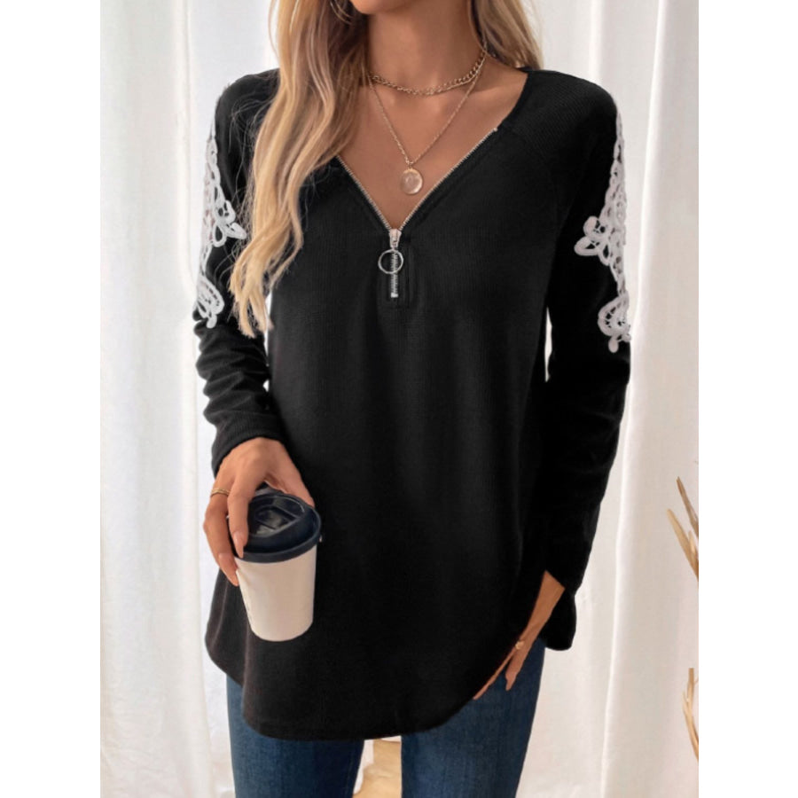 Perfee Lace Detail Quarter Zip Long Sleeve Top Apparel and Accessories