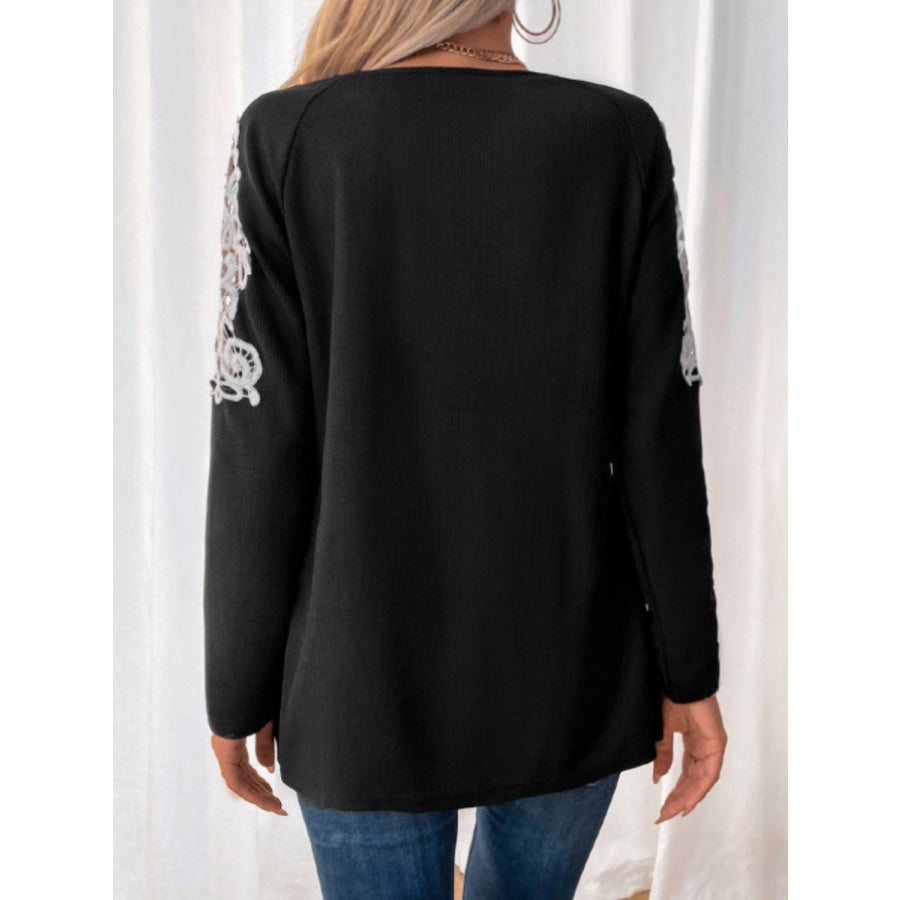 Perfee Lace Detail Quarter Zip Long Sleeve Top Black / S Apparel and Accessories