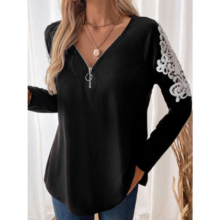 Perfee Lace Detail Quarter Zip Long Sleeve Top Apparel and Accessories