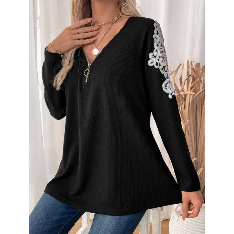 Perfee Lace Detail Quarter Zip Long Sleeve Top Apparel and Accessories