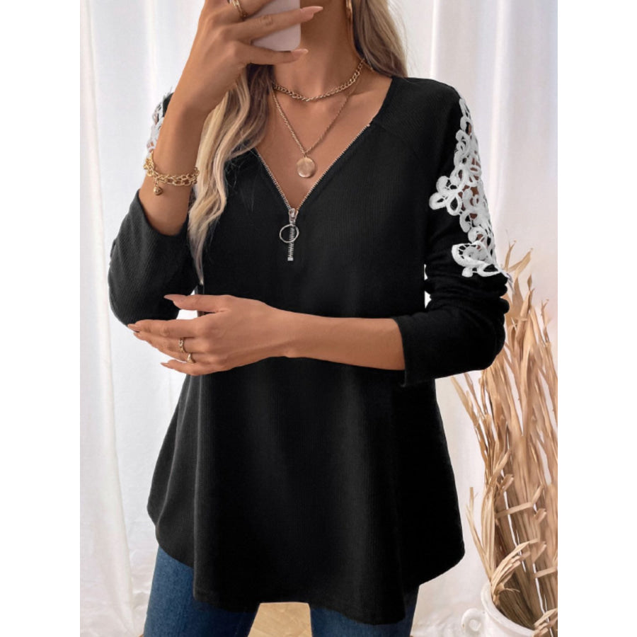 Perfee Lace Detail Quarter Zip Long Sleeve Top Apparel and Accessories