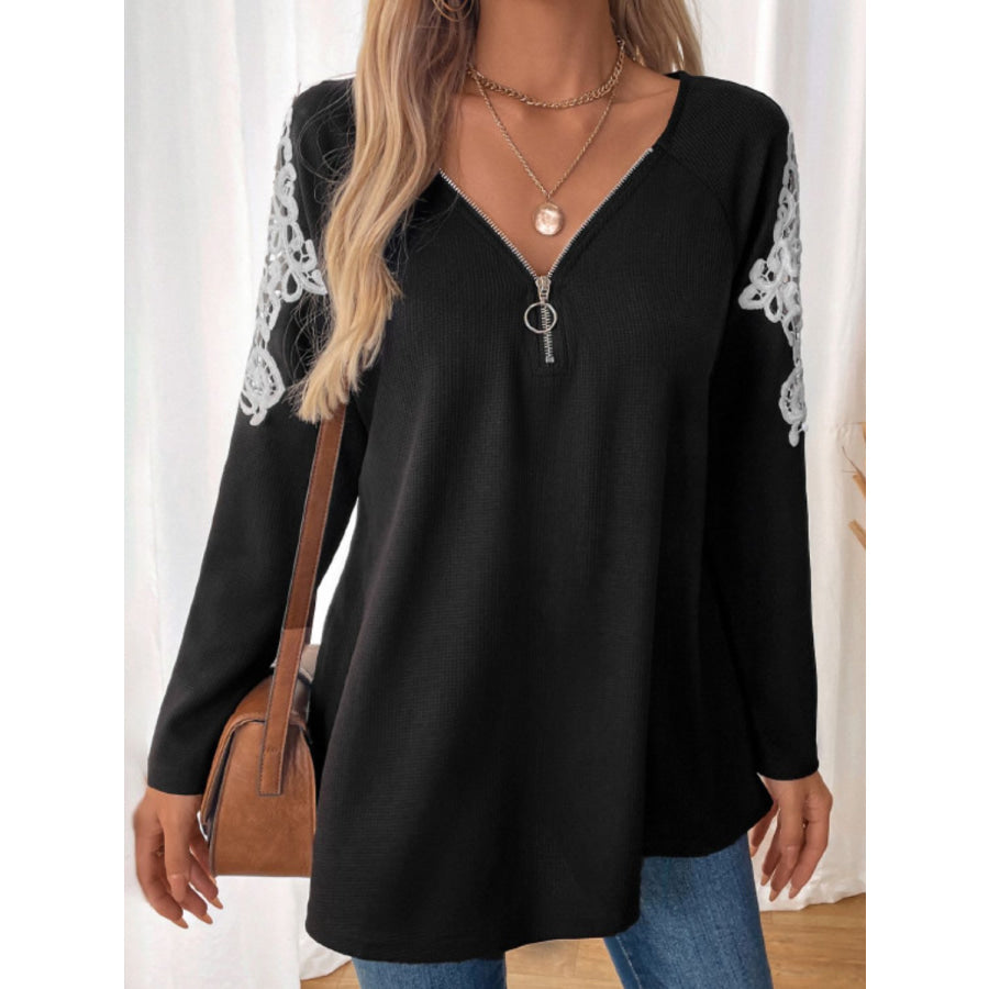 Perfee Lace Detail Quarter Zip Long Sleeve Top Black / S Apparel and Accessories