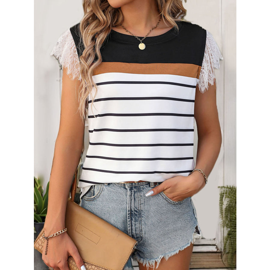 Perfee Lace Detail Striped Round Neck Cap Sleeve T-Shirt Apparel and Accessories