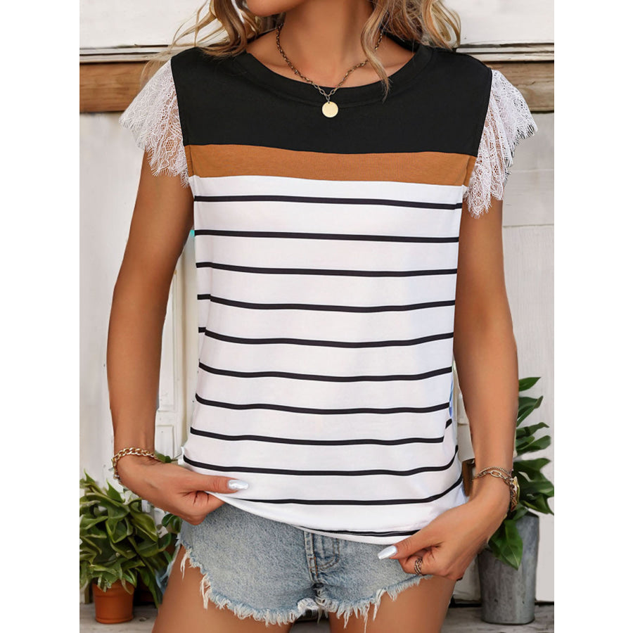 Perfee Lace Detail Striped Round Neck Cap Sleeve T-Shirt Apparel and Accessories