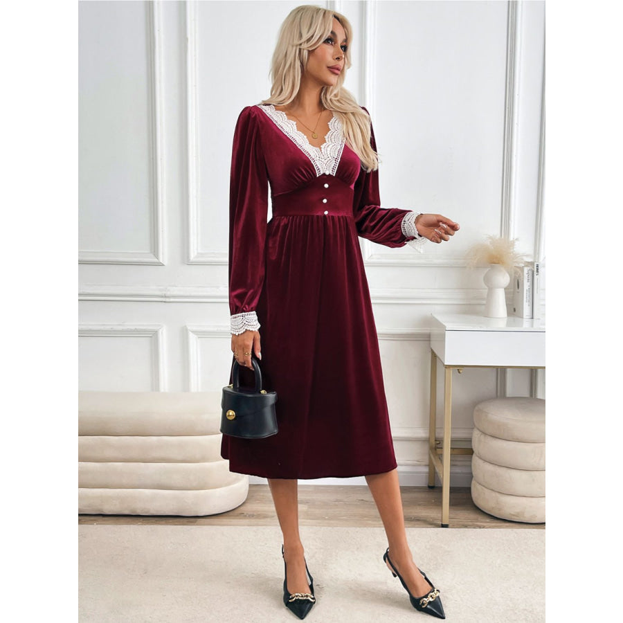 Perfee Lace Detail V-Neck Long Sleeve Midi Dress Apparel and Accessories