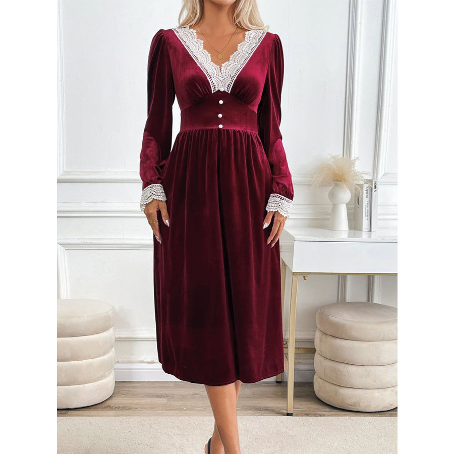 Perfee Lace Detail V-Neck Long Sleeve Midi Dress Apparel and Accessories