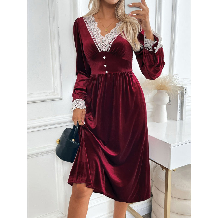 Perfee Lace Detail V-Neck Long Sleeve Midi Dress Apparel and Accessories