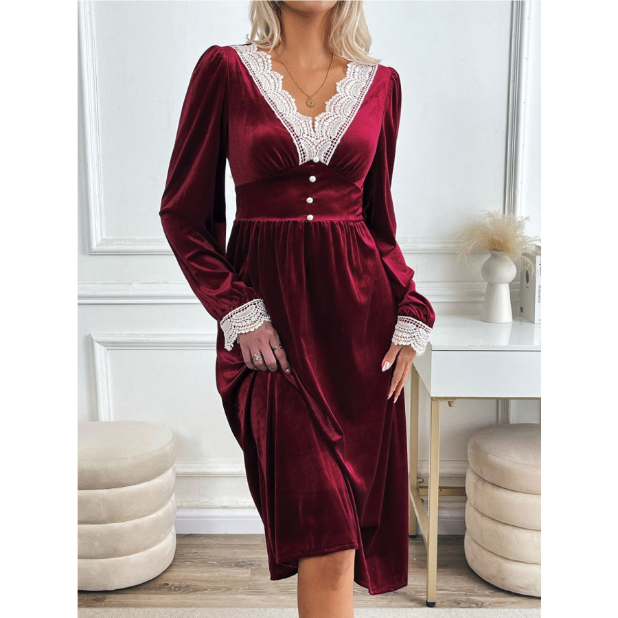 Perfee Lace Detail V-Neck Long Sleeve Midi Dress Apparel and Accessories