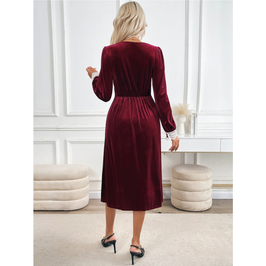 Perfee Lace Detail V-Neck Long Sleeve Midi Dress Burgundy / S Apparel and Accessories