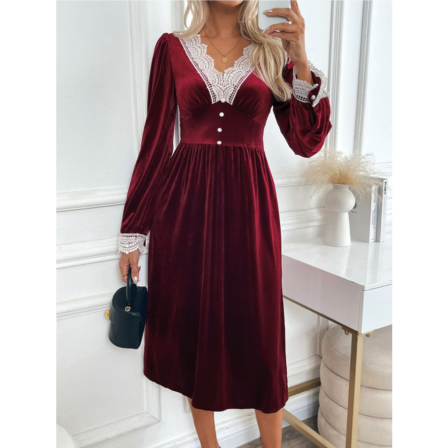 Perfee Lace Detail V-Neck Long Sleeve Midi Dress Burgundy / S Apparel and Accessories