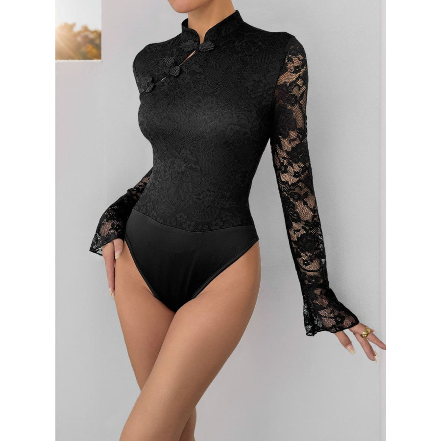 Perfee Lace Mock Neck Long Sleeve Bodysuit Apparel and Accessories