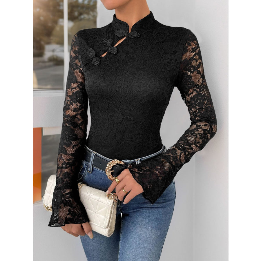 Perfee Lace Mock Neck Long Sleeve Bodysuit Black / S Apparel and Accessories