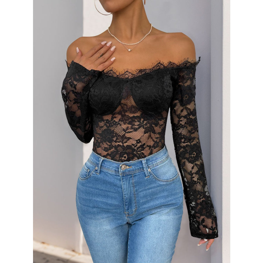 Perfee Lace Off-Shoulder Long Sleeve Bodysuit Black / S Apparel and Accessories