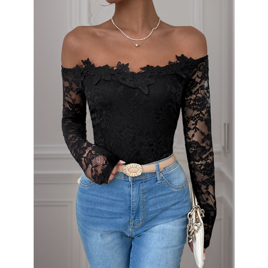 Perfee Lace Off-Shoulder Long Sleeve Bodysuit Black / S Apparel and Accessories