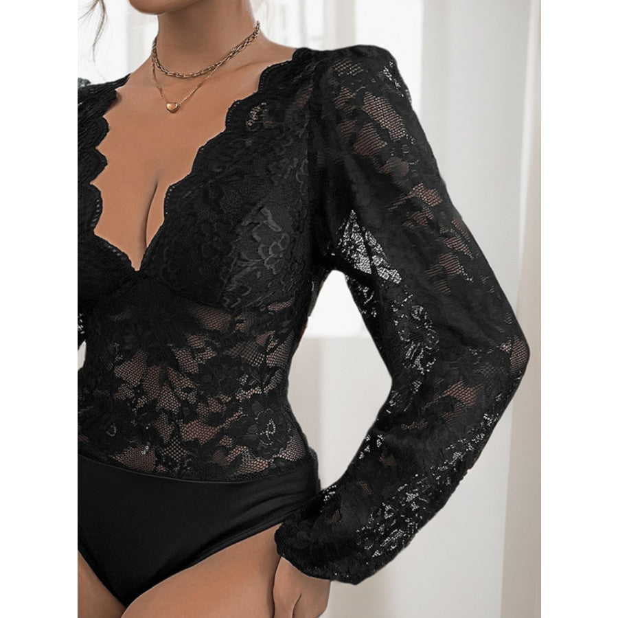 Perfee Lace Plunge Long Sleeve Bodysuit Apparel and Accessories