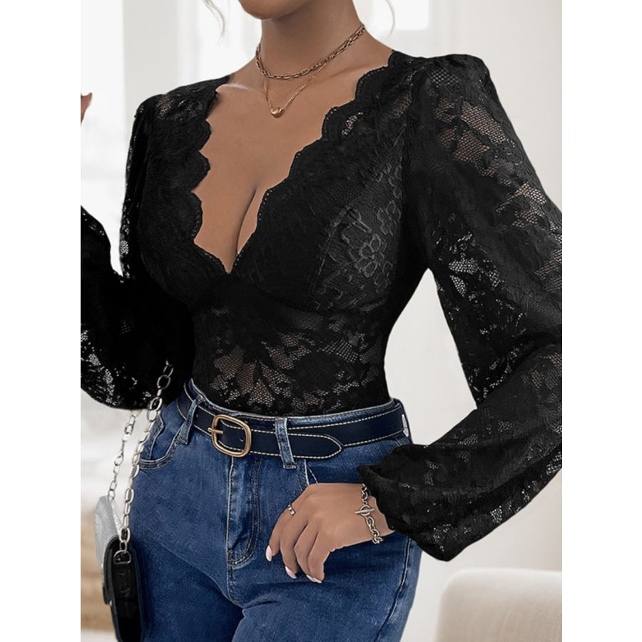 Perfee Lace Plunge Long Sleeve Bodysuit Apparel and Accessories