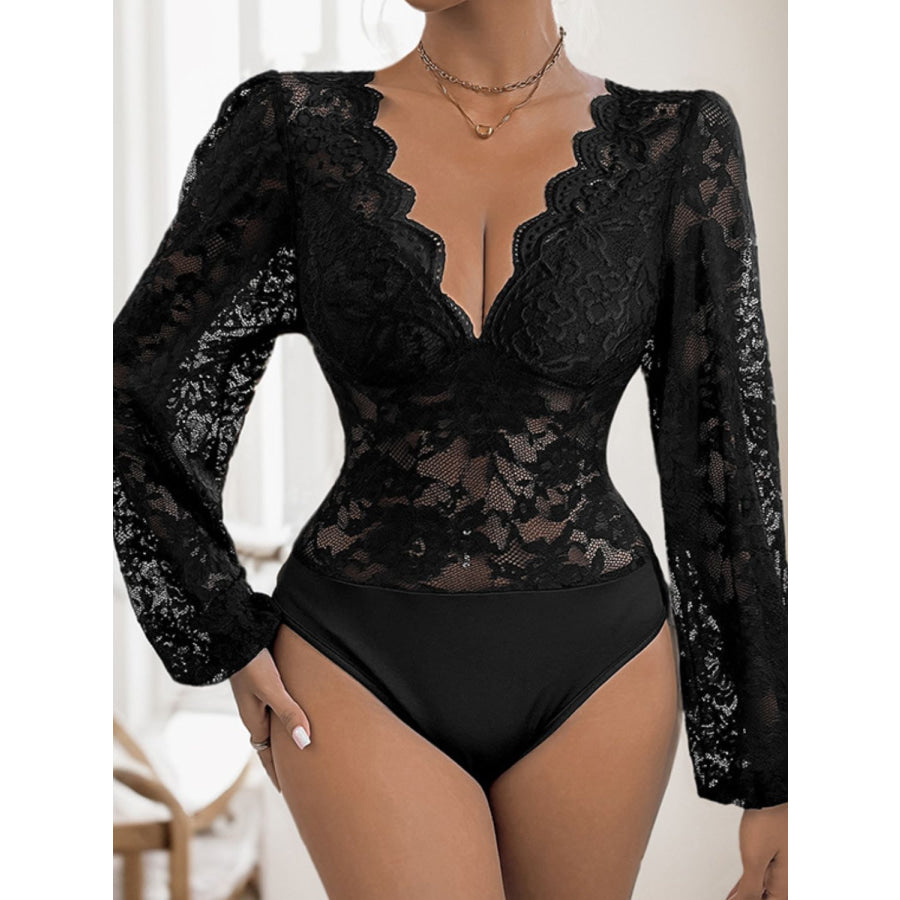 Perfee Lace Plunge Long Sleeve Bodysuit Apparel and Accessories