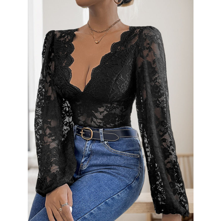 Perfee Lace Plunge Long Sleeve Bodysuit Black / S Apparel and Accessories