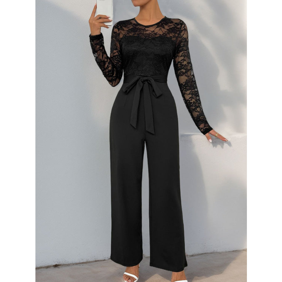 Perfee Lace Round Neck Long Sleeve Jumpsuit Apparel and Accessories