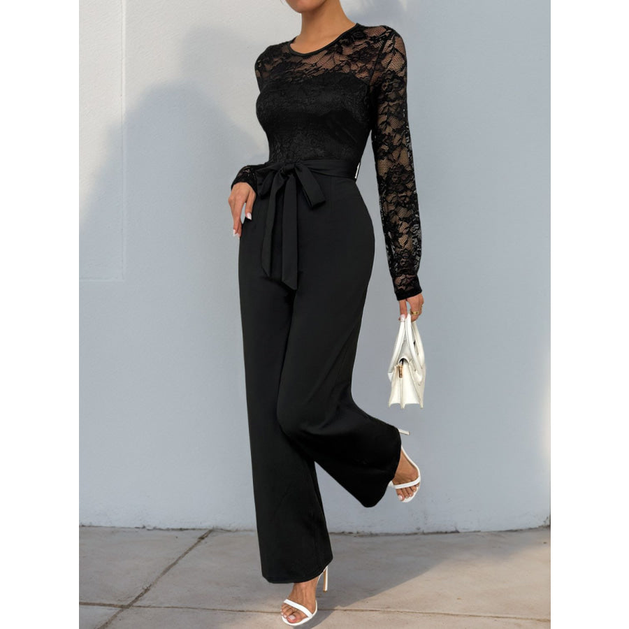 Perfee Lace Round Neck Long Sleeve Jumpsuit Apparel and Accessories