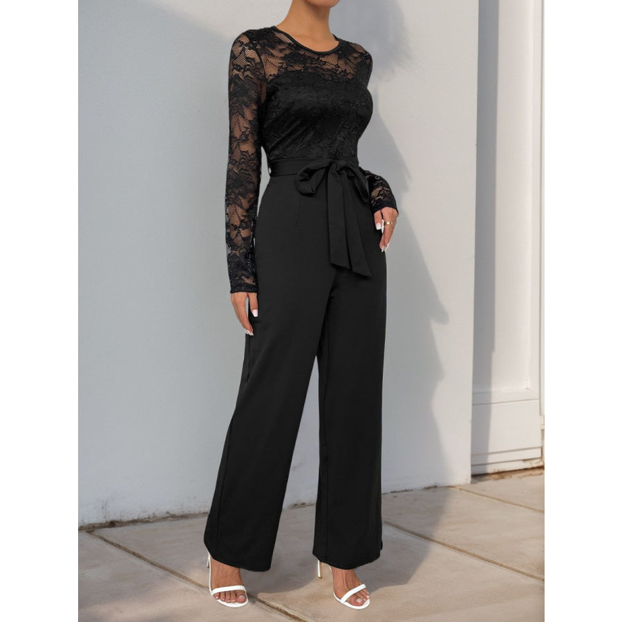 Perfee Lace Round Neck Long Sleeve Jumpsuit Apparel and Accessories