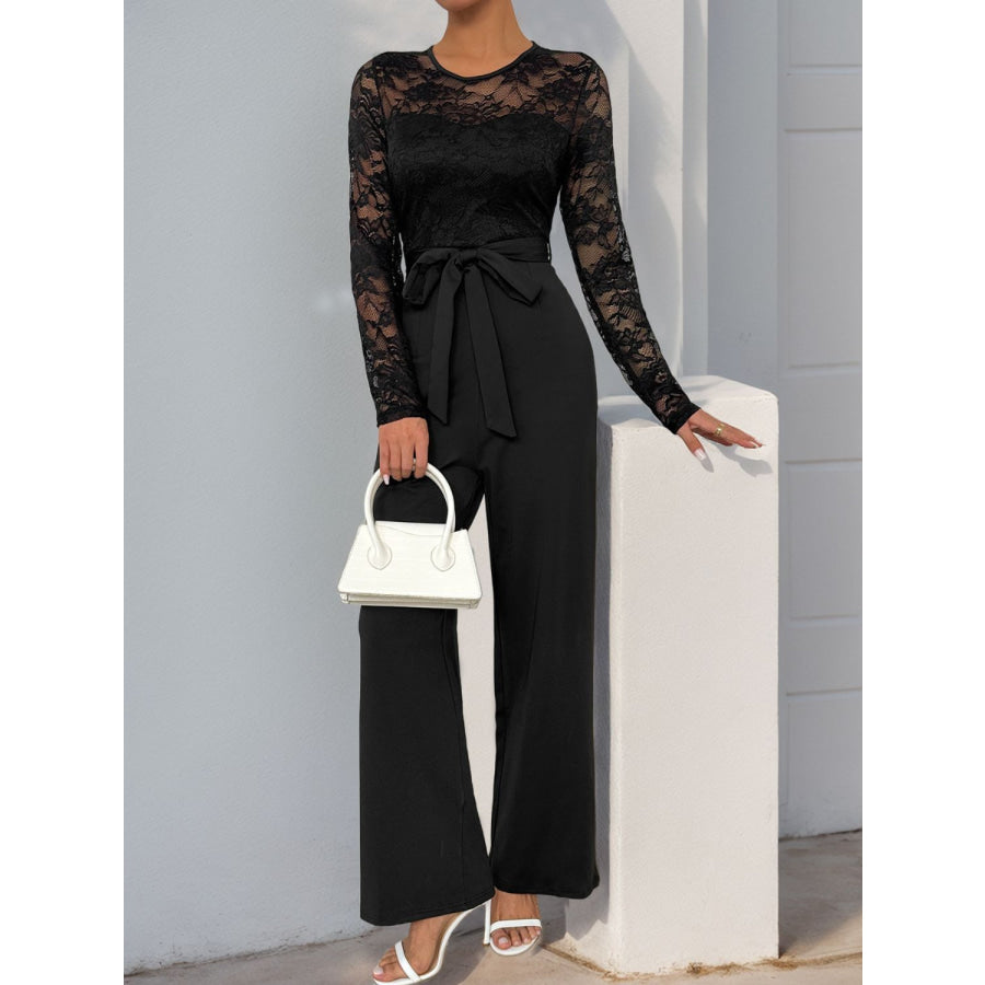 Perfee Lace Round Neck Long Sleeve Jumpsuit Black / S Apparel and Accessories