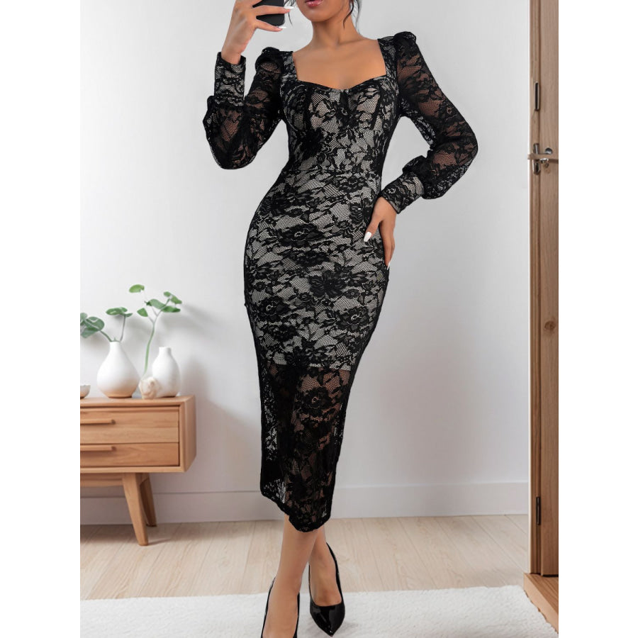 Perfee Lace Sweetheart Neck Long Sleeve Midi Dress Apparel and Accessories