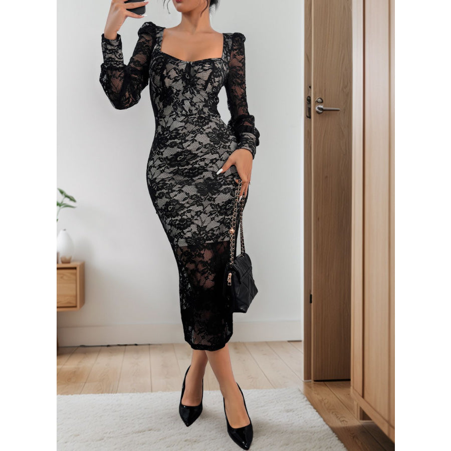 Perfee Lace Sweetheart Neck Long Sleeve Midi Dress Apparel and Accessories