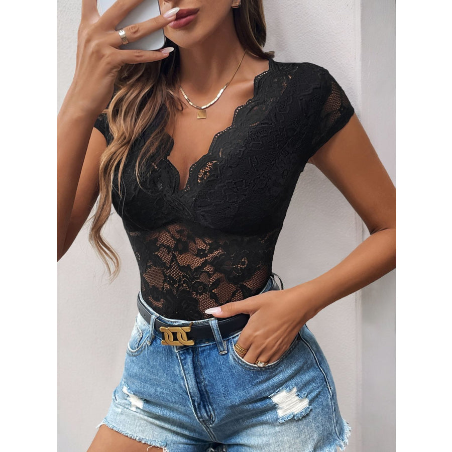 Perfee Lace V-Neck Cap Sleeve Bodysuit Apparel and Accessories