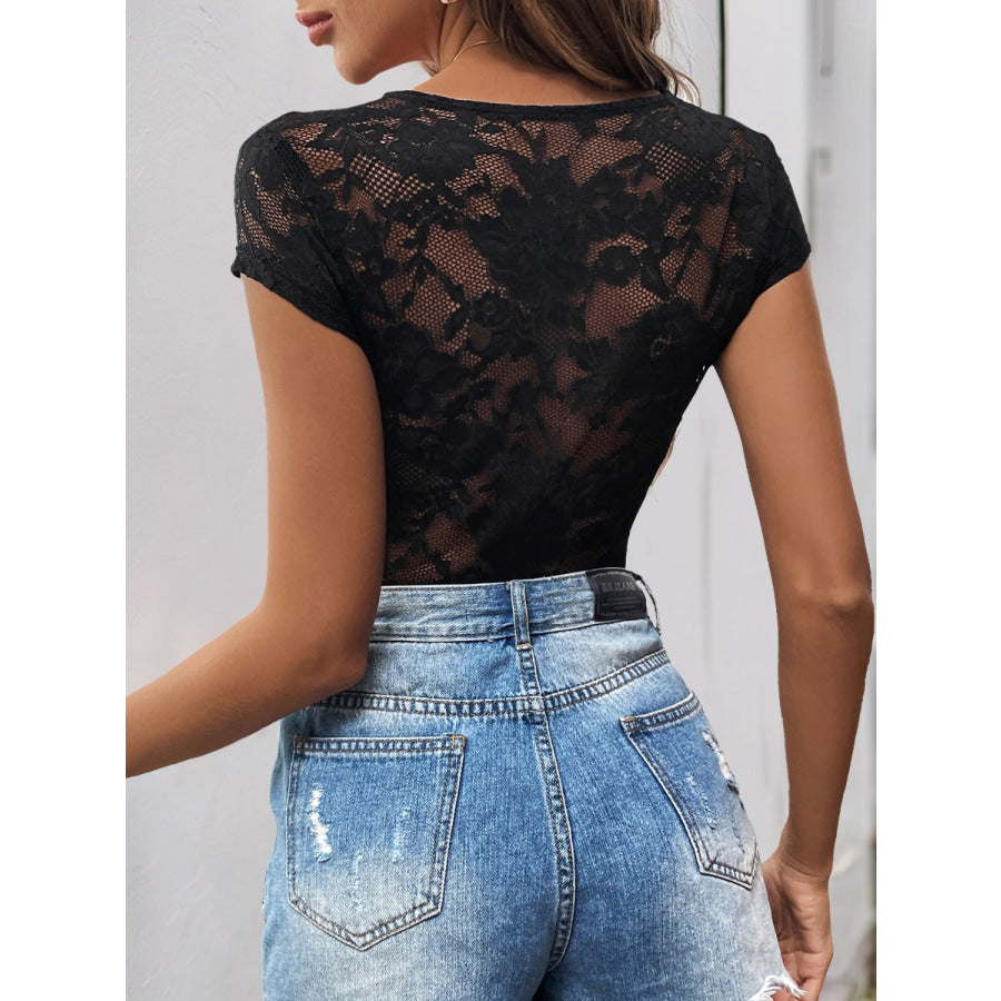 Perfee Lace V-Neck Cap Sleeve Bodysuit Apparel and Accessories