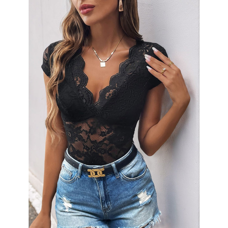 Perfee Lace V-Neck Cap Sleeve Bodysuit Black / S Apparel and Accessories