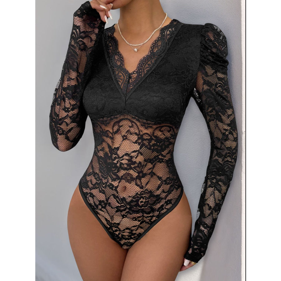 Perfee Lace V-Neck Long Sleeve Bodysuit Apparel and Accessories