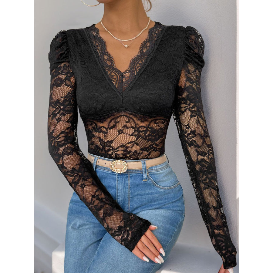 Perfee Lace V-Neck Long Sleeve Bodysuit Apparel and Accessories