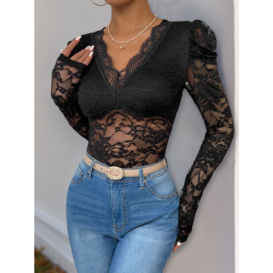 Perfee Lace V-Neck Long Sleeve Bodysuit Apparel and Accessories